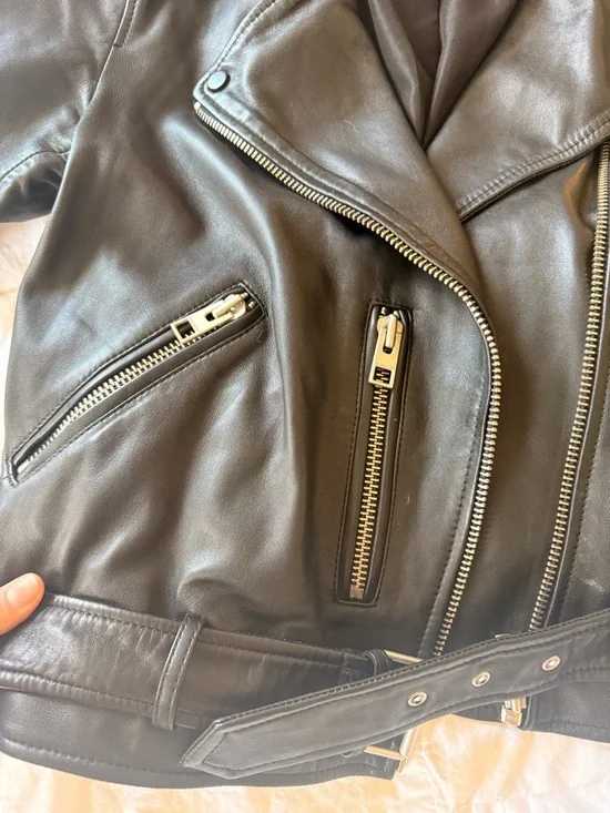All Saints Black Leather Moto Jacket with Belt - Picture 3 of 8